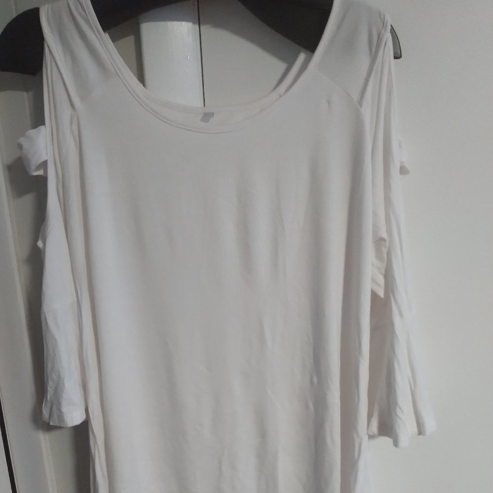 Women's white cold shoulder, bell sleeve top.